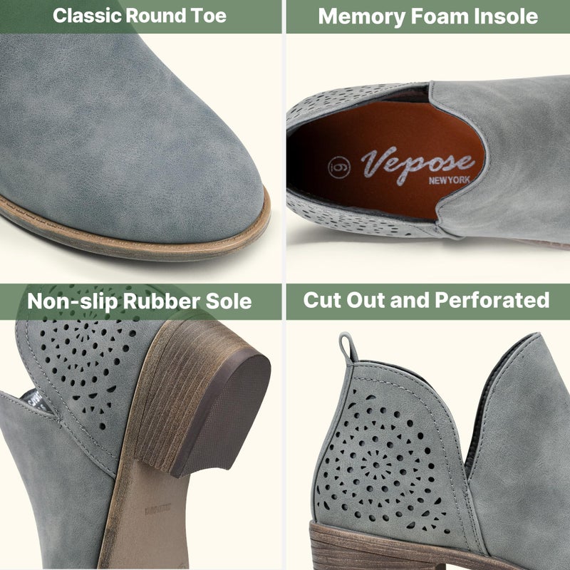 Vepose Women's Ankle Boots, Low Heel Chunky Cutout Booties, 912 - Grey, Gray, Size 9 US - Perforated Western Shoes (CJY912 Grey 09) - Image 3